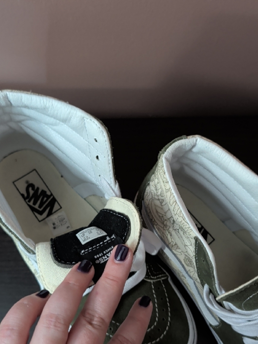Vans Olive Green and Cream High-Top Sneakers with Floral Panels - Picture 2 of 4